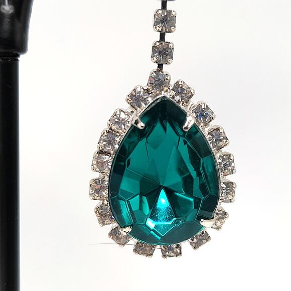 Vintage Green Rhinestone Drop Earrings, Clear Crystal, 1990s Statement Jewelry - Picture 4 of 10